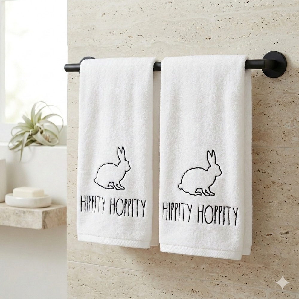 Rae Dunn Easter Hand Towels Hippity Hoppity Set of Two